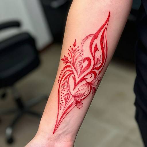 Photograph of a red henna-style tattoo on a forearm, featuring an intricate floral and bird design with detailed patterns.