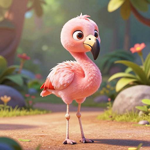 CGI cartoon pink flamingo with large eyes, fluffy feathers, and a black beak stands on a sunlit forest path surrounded by greenery and