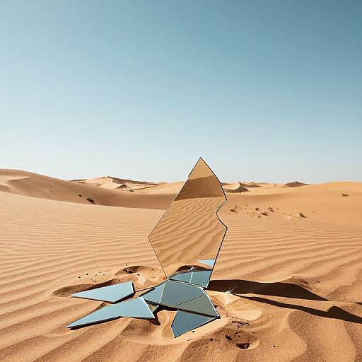 Photograph of a modern glass sculpture with angular, reflective shapes standing in a sunlit, rippled desert with golden sand dunes under a clear,