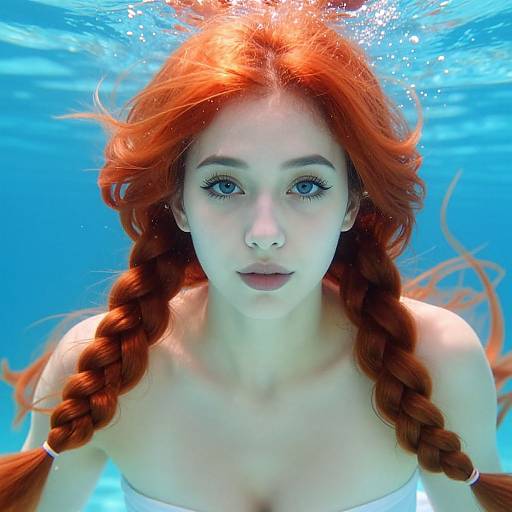 Photograph of a fair-skinned, red-haired woman with braided hair, blue eyes, and white strapless top, underwater with bright blue background