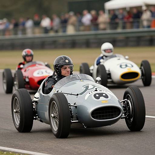 Photograph of a vintage car race: Driver in silver #13 car leads, followed by red #21 and white #3 cars on asphalt track.