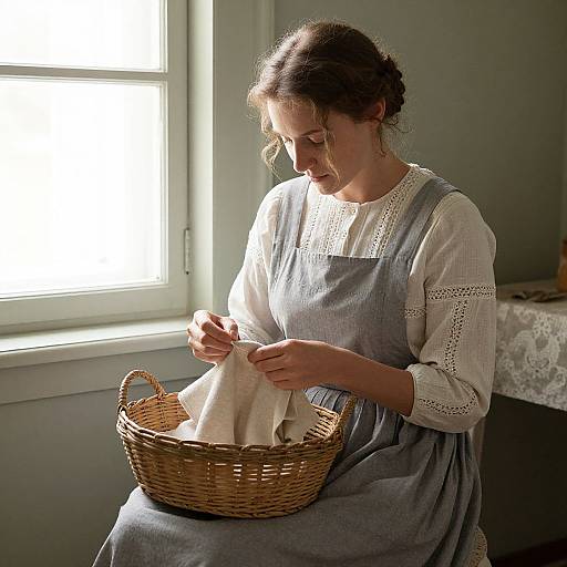 Photograph of a young woman with fair skin and brown hair in a bun, wearing a gray pinafore over a white lace dress, folding a
