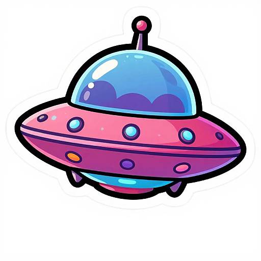Cartoon-style, vibrant pink and purple UFO with a blue dome, multiple colored lights, and a small antenna, floating against a white background.