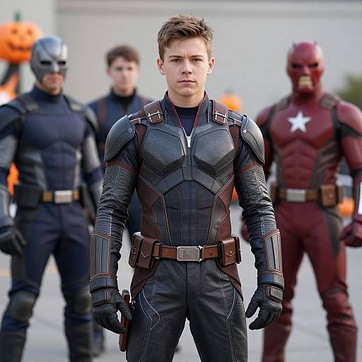 Photograph of a young white man in a black, armored superhero suit, standing confidently in front of two blurred teammates, one in red with a white
