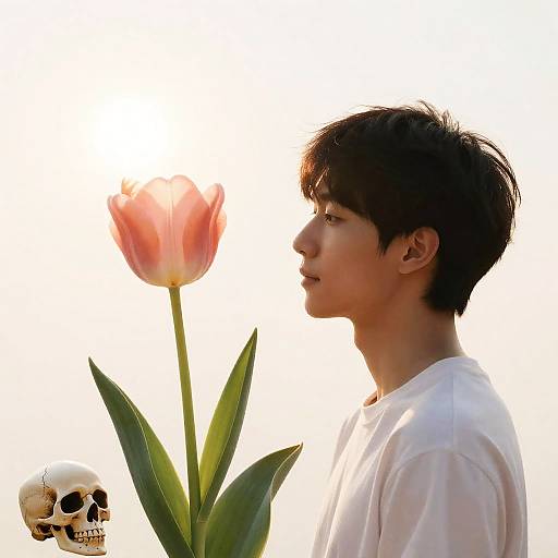 Side Profile of Young Man with Tulip and Skull