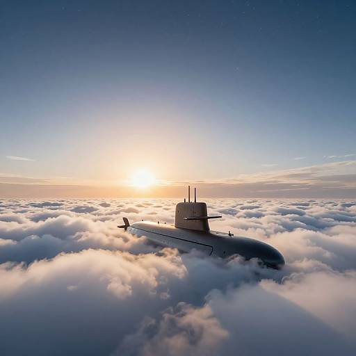 Photograph of a submarine slicing through a sea of fluffy white clouds at sunrise, with the sun glowing brightly in the clear blue sky above.