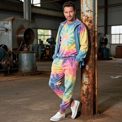 Photograph of a bearded man in colorful tie-dye hoodie and pants, white sneakers, leaning against a rusty industrial pillar in a factory.