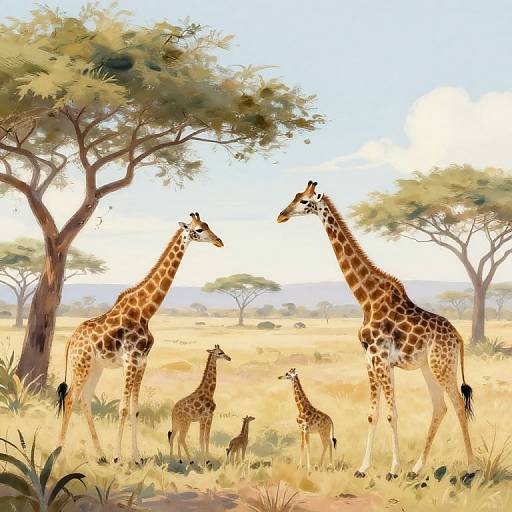 Digital painting of a savanna scene with two tall giraffes and two smaller giraffes standing among tall grass and acacia trees under a bright