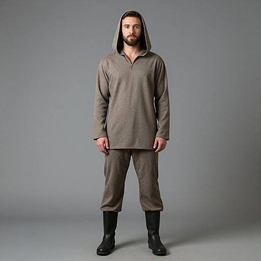 Photograph of a bearded man with long dark hair, wearing a gray hooded tunic, matching pants, and black boots, standing against a