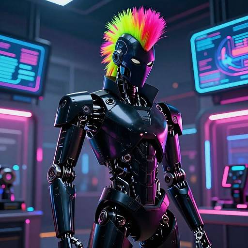 Cyberpunk Robotic Mannequin in Neon Storefront