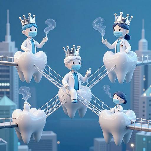 CGI image of four cartoonish, crown-wearing tooth characters with smoke wands, floating on a bridge between skyscrapers in a blue-ton