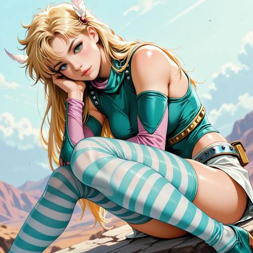 Blonde Girl in Striped Outfit and Feathers