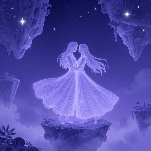 Digital art: Blue-lit silhouette of two long-haired women in flowing dresses kissing on a floating island, surrounded by glowing stars and ethereal clouds.