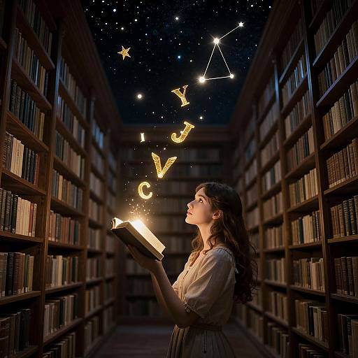 Photograph of a young woman with wavy brown hair, wearing a white blouse, holding an open book in a dimly lit library, surrounded by