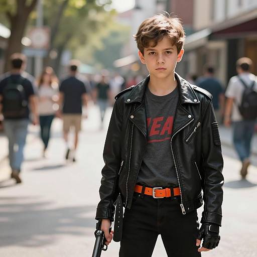 Boy in Punk Costume with Leather Jacket and Gun