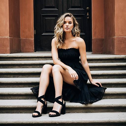 Woman in Black Strapless Dress Sitting on Steps
