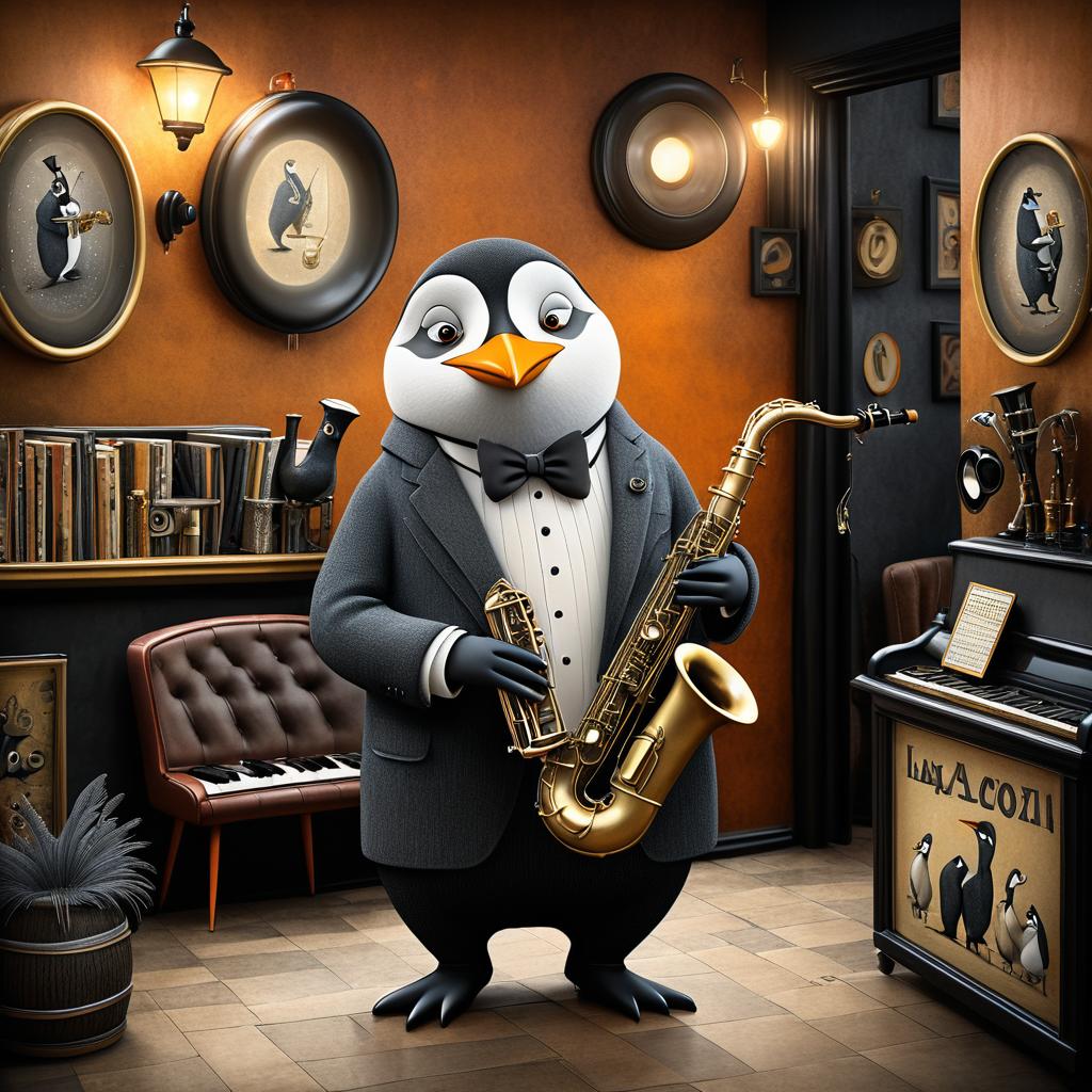 Whimsical Penguin Jazz Band Illustration