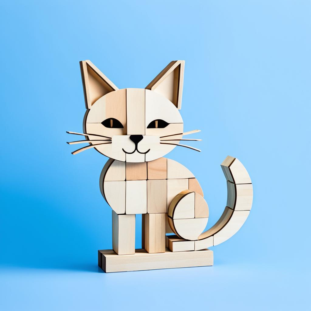 Whimsical Wooden Block Cat on Blue