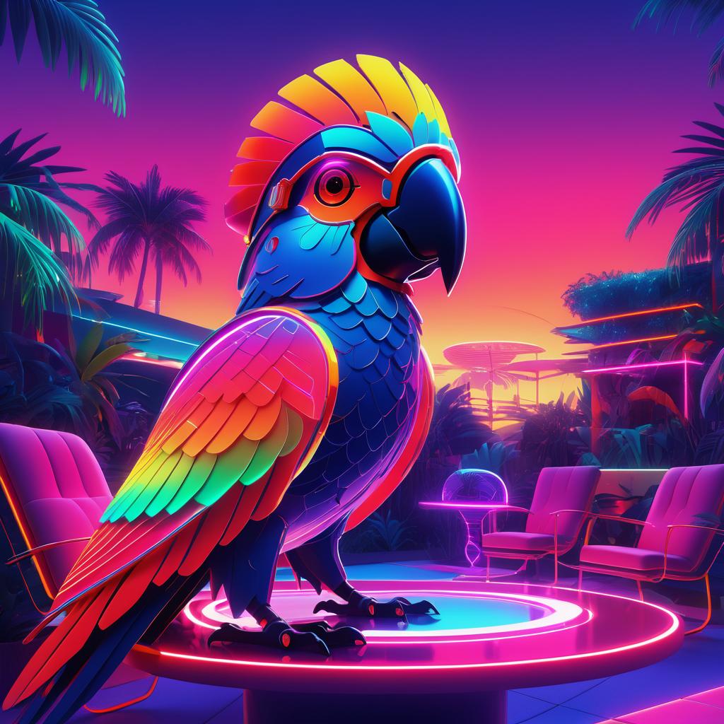 Neon Parrot in Retro-Futuristic Sunset