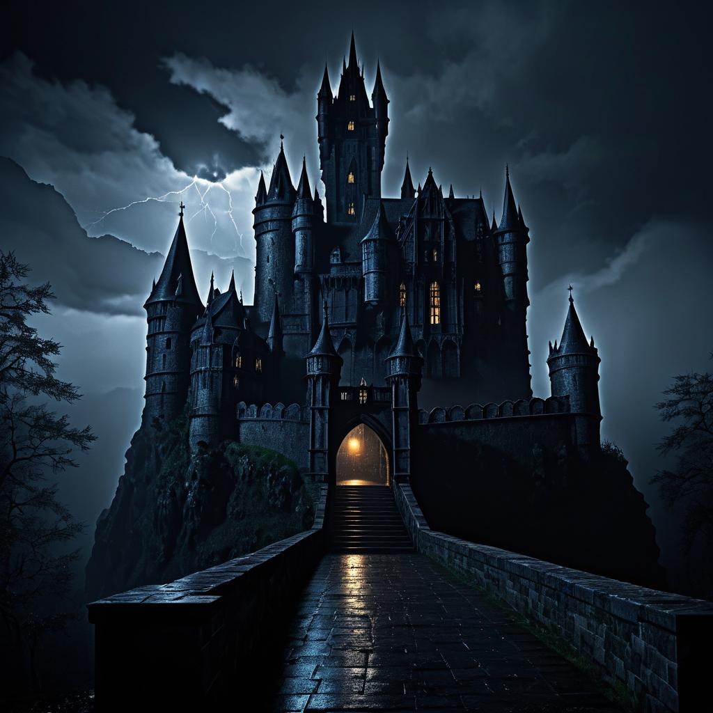 Eerie Gothic Castle Under Stormy Night