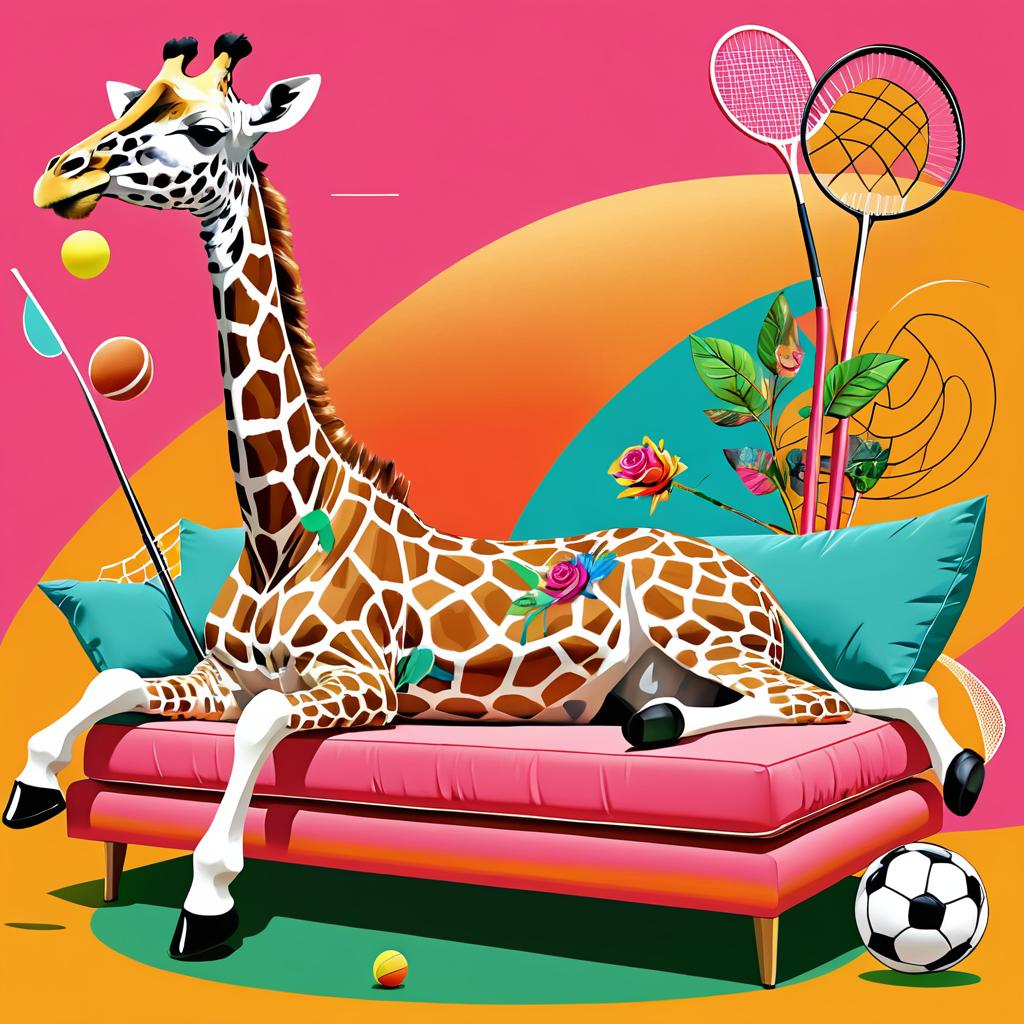 Whimsical Giraffe Playing Badminton Art