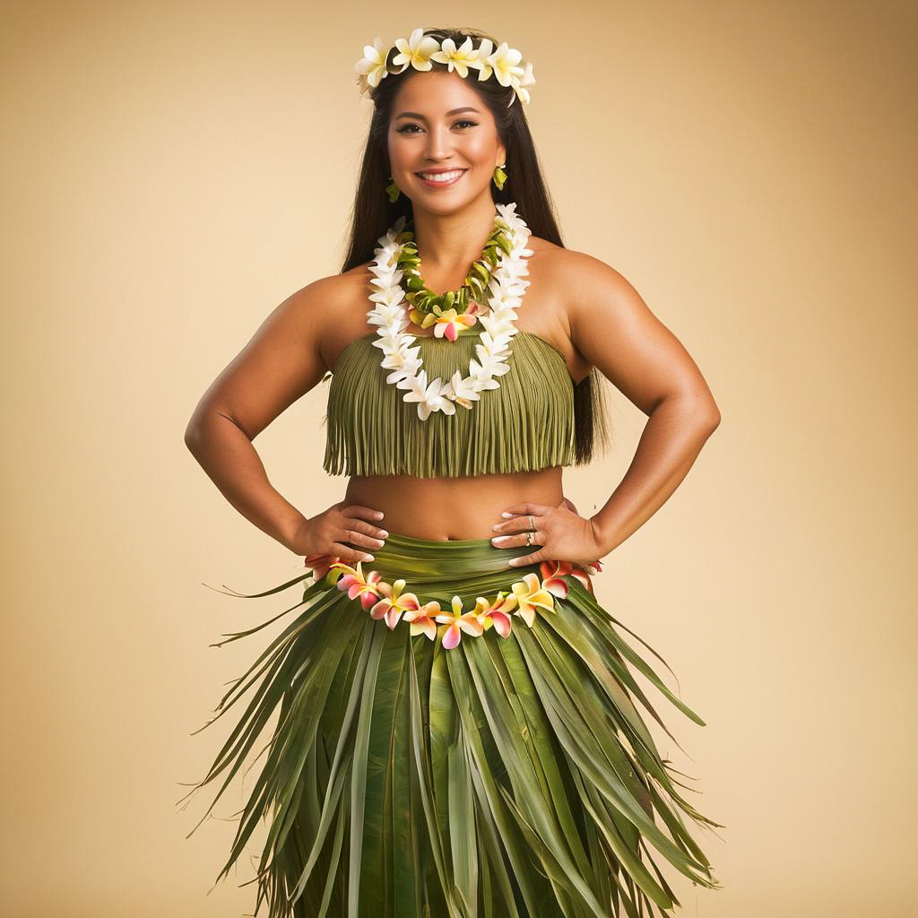 Delighted Hawaiian Woman in Elegant Hula Dress