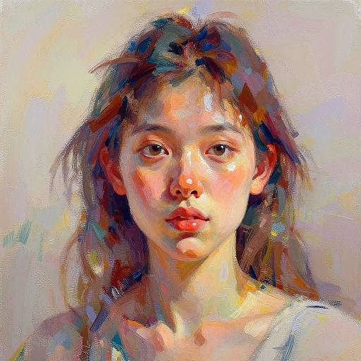 Digital oil painting of a young woman with long, dark brown hair, fair skin, and red lips, gazing directly forward. Vibrant, impression