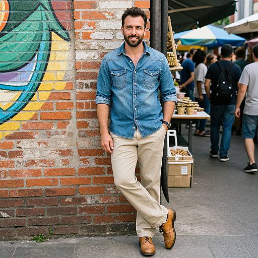Photograph of a bearded man with brown hair, wearing a blue denim shirt, beige pants, and brown shoes, leaning against a colorful brick wall