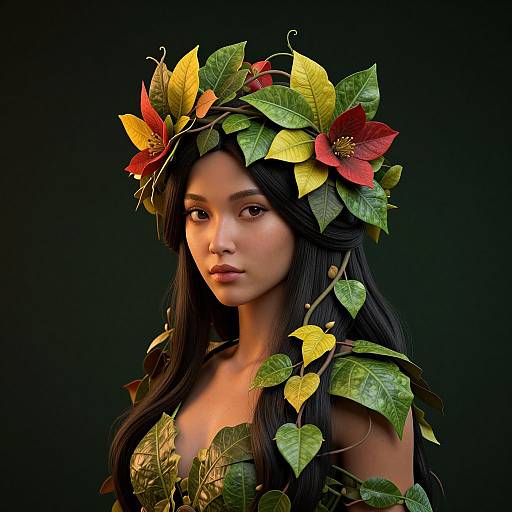 Photorealistic digital art of an Asian woman with long black hair, wearing a leaf and flower crown, surrounded by green and yellow leaves, against a