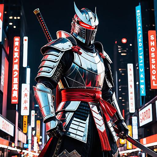 Futuristic Android Samurai in Neon City