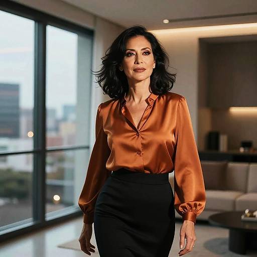 Photograph of a confident woman with wavy black hair, wearing an orange satin blouse and black high-waist skirt, walking in a modern,