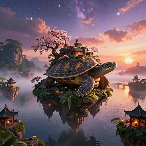 Ancient Turtle Island with Blossoming Village at Sunset