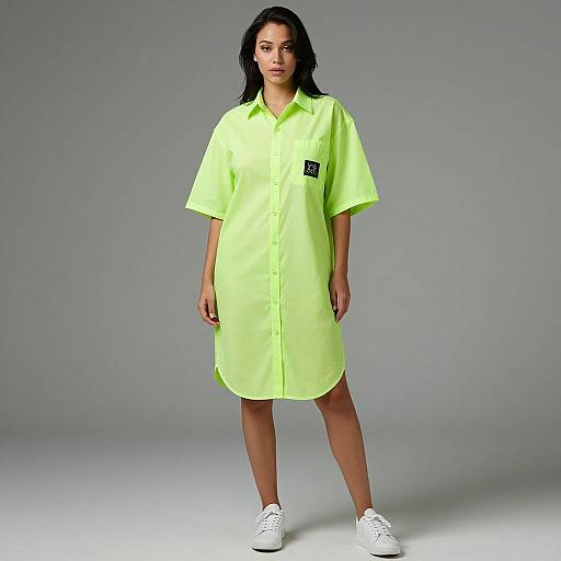 Photograph of a young woman with dark hair in a bright neon yellow short-sleeve dress and white sneakers, standing against a plain gray background.