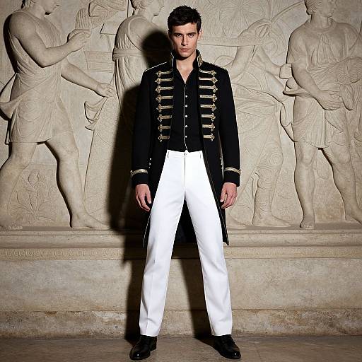 Photograph of a young man with short dark hair, wearing a black military-style jacket with gold buttons, white pants, and black shoes, standing in