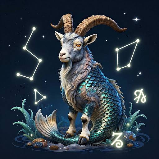 Digital art of a mythical goatfish with blue scales, curled horns, and constellation patterns in a dark, starry background.