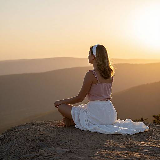 Photograph of a woman with light brown hair, wearing a white headband, pink sleeveless top, and white skirt, sitting on a rocky mountain