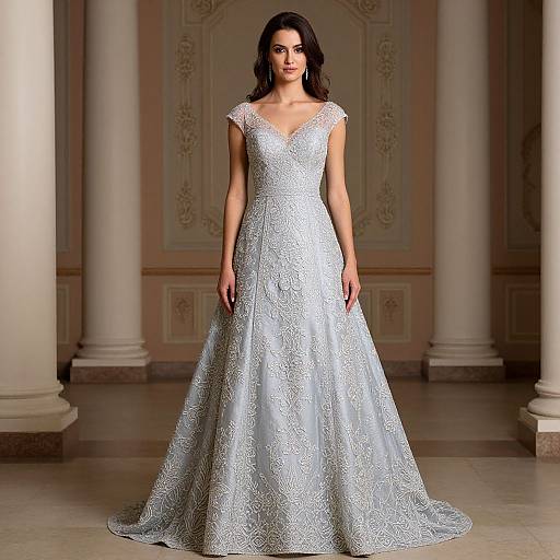 Photograph of a beautiful brunette woman in a white, lace-embellished, V-neck wedding gown, standing in an elegant, columned room