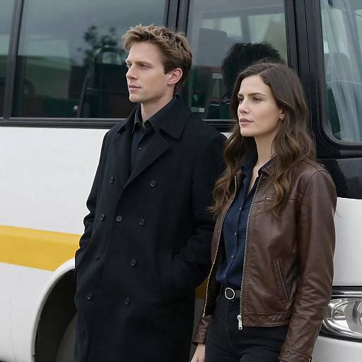 Man and Woman Beside Striped Bus