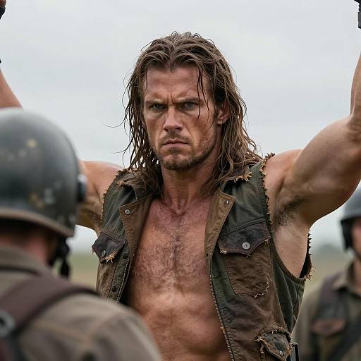 Intense Portrait of a Muscular Hero