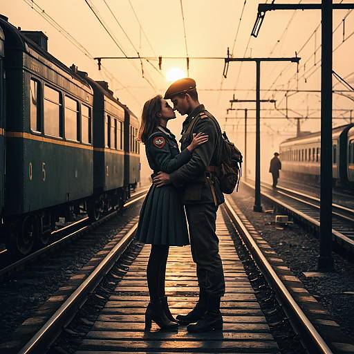 Farewell Kiss at Train Station Sunset
