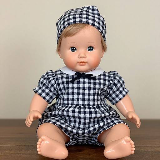 Photograph of a baby doll with black-and-white checkered dress and hat, sitting on a wooden surface, bare feet visible.