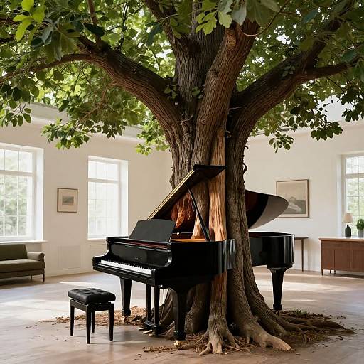 Photograph of a grand black piano nestled under a large, leafy tree in a bright, sunlit room with white walls and large windows.