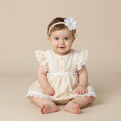 Cute Baby Girl in Cream Dress with Lace