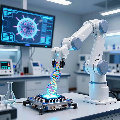 Robotic Arm Manipulating DNA Model in Futuristic Lab