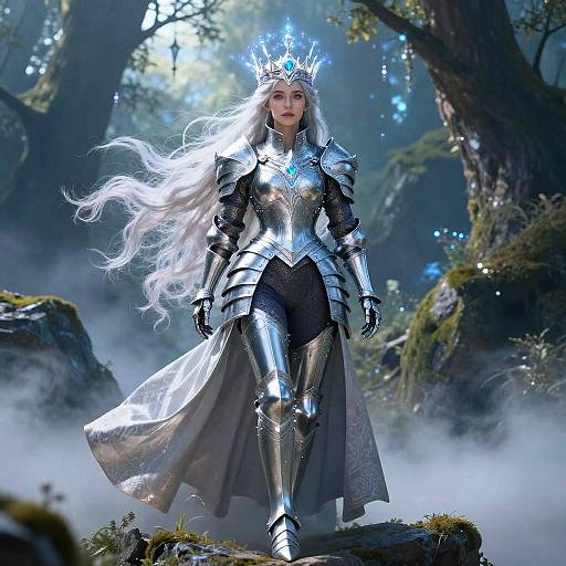 Digital fantasy artwork of a regal, fair-skinned woman with long white hair, wearing silver armor and crown, standing in a misty forest.