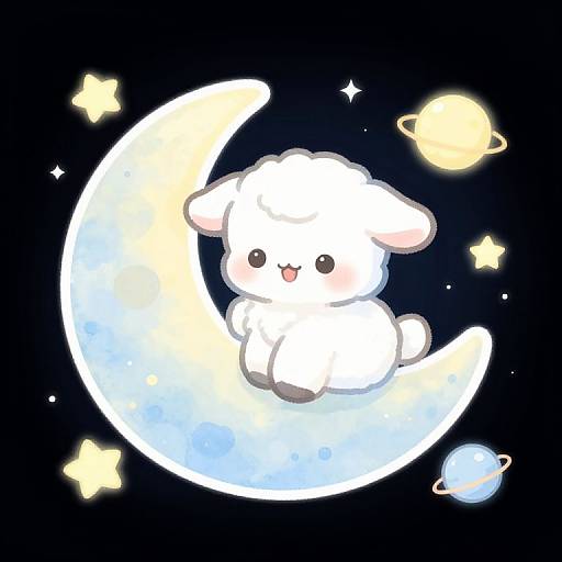 Cute, white, fluffy, cartoon bunny with black eyes and pink blush sitting on a glowing, crescent moon, surrounded by stars and planets,