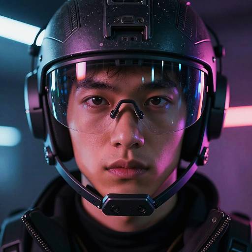 Close-up photograph of an Asian man in a futuristic black helmet with a clear visor, neon pink and blue lights, and serious expression.