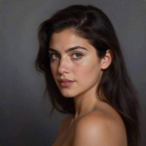 Photograph of a young woman with long, dark brown hair, fair skin, and green eyes, looking directly at the camera with a slight smile,