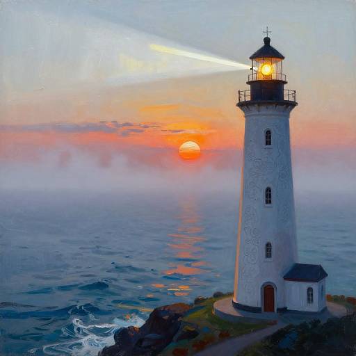 Photograph-style painting of a white lighthouse with glowing light, standing on rocky shore at sunset, orange sun, misty ocean, and vibrant sky
