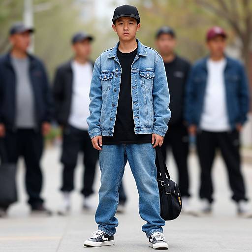 Photograph of a young Asian man in a black cap, denim jacket, black shirt, blue jeans, and white sneakers, standing confidently in an urban